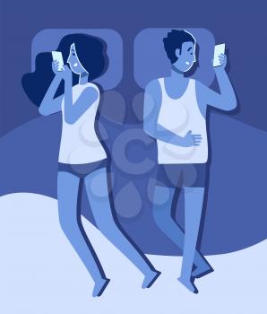 Couple in bed with smartphones. Man and woman lying with cellphones in bedroom. Sexual problem and internet addiction vector concept. Man and woman couple in bedroom illustration