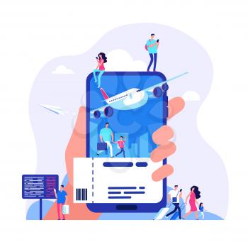 Online ticket concept. Buying tickets with smartphone. People booking plane or train travel vector illustration. Buy ticket online, journey service, vacation and tourism airplane