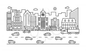 Line city street. Outline urban scene with buildings, road and cars. Modern vector cityscape. City urban street town, landscape outline exterior illustration