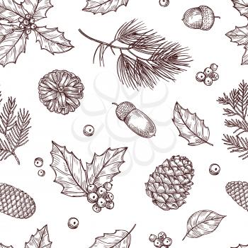 Christmas seamless pattern. Winter fir and pine branches with pine cones. Vintage vector wallpaper in traditional engraving style. Illustration of pattern with acorn and pine, rowan and cone