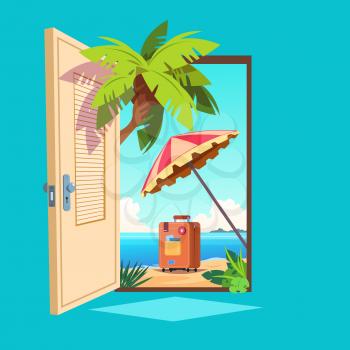 Opened spring door. Open entrance with summer landscape outdoor. Welcome and travel vector illustration. Summer travel in door open
