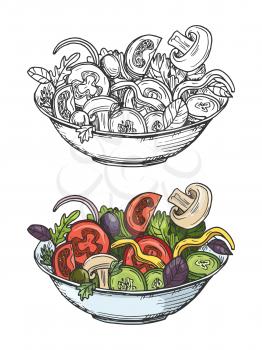 Big bowl of green salad with tomatoes, cucumbers, olives, onion, mushrooms. Vector illustration isolated