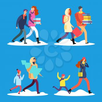 Cartoon people walking on winter street. Men, women, kids, old citizen in warm clothes vector illustration