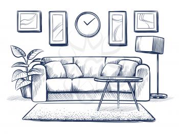 Sketch interior. Doodle living room with sofa, cushions and picture frames on wall. Freehand drawing home vector interior. Furniture sofa in room, apartment drawing illustration