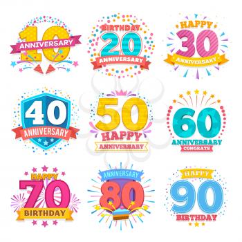 Anniversary celebration banners. Ribbons with numbers vector set. Anniversary celebration emblem number years illustration