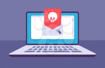 Email virus. Envelope with malware message with skull on laptop screen. E-mail spam, phishing scam and hacker attack vector concept. Spam threat on laptop, virus online malware illustration