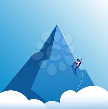 Businessman climbing mountain. Challenge, perseverance and personal growth, effort in career. Business motivation vector concept. Leadership business climb to mountain top illustration