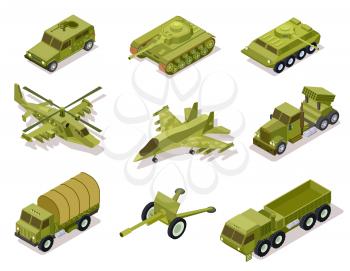 Armor weapon collection. Helicopter and cannon, volley fire system and infantry fighting vehicle, tank armored truck. Isometric vector. Army artillery, helicopter military and tank illustration