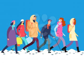 People in winter clothes. Cartoon man and woman, teenagers walking in cold season. Vector illustration winter background