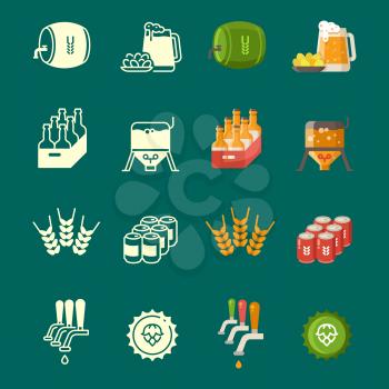 Silhouettes and colorful flat vector beer icons set isolated on green illustration