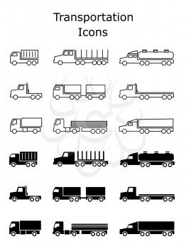 Transportation icons set. Delivery trailers, cargo trukcs, dumpers and van vector illustration isolated on white