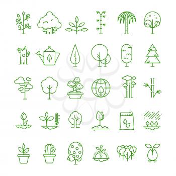 Plant, planting, seed and trees line vector icons. Sprout growing symbols. Nature growing and growth, gardening and organic illustration
