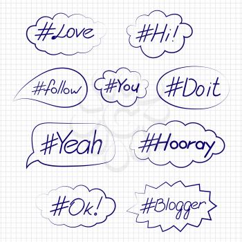 Ballpoint pen drawing hashtags in bubbles on notebook page. Vector illustration