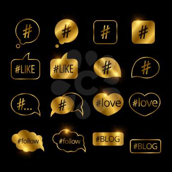 Golden hashtag post social media vector icons set on black background illustration