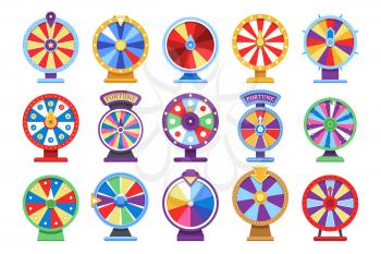 Fortune wheels flat icons set. Spin lucky wheel casino money game symbols. Fortune wheel game, gamble roulette play. Vector illustration