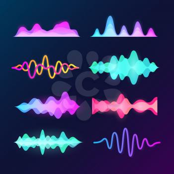 Bright color sound voice waves isolated on background. Abstract waveform, music pulse and equalizer wave vectors. Equalizer effect digital, rhythm graphic pattern, wave form frequency illustration