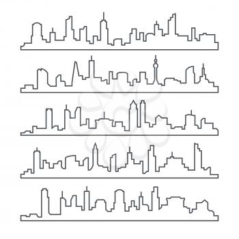 Skyline city. Building line of town. Outline urban vector cityscape set isolated. Cityscape architecture skyline, line illustration house