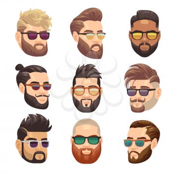 Cartoon bearded hipster man and male hairstyle vector set. Hipster male with beard and fashion hairstyle illustration