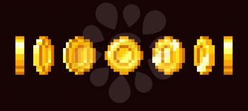 Gold coin animation frames for 16 bit retro video game. Pixel art vector set. Illustration of money vintage cash 8bit