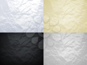 White, yellow, black and grey crumpled paper vector textures set. Crumpled paper texture surface, material page grunge damaged and rumpled illustration