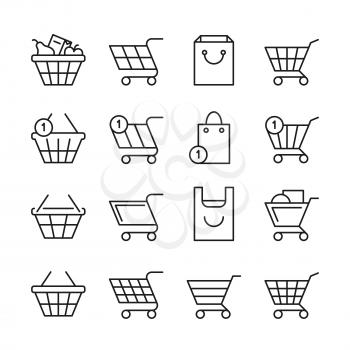 Empty online shopping baskets, market box line web shop vector icons. Illustration set of basket shop for buy purchase