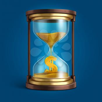 Hourglass with flowing sand and dollar currency sign. Time is money vector concept. Finance and clock, sand flow illustration