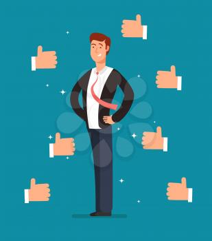 Cartoon proud employee with many thumbs up hands of businessmen. Business recognition vector concept. Illustration of leader character, compliment and achievement, like and accomplishment