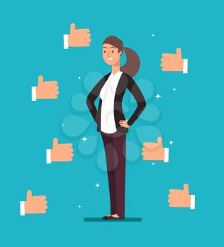 Cartoon happy proud businesswoman leader with many thumbs up hands. Business acknowledgement and customers voting vector concept. Business woman manager, professional job illustration