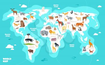 World map with animals. Earth discovery funny kids geography vector illustration. Animal geography world, wildlife eurasia africa and america