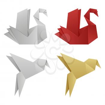 Vector japanese origami birds of set isolated on white background illustration