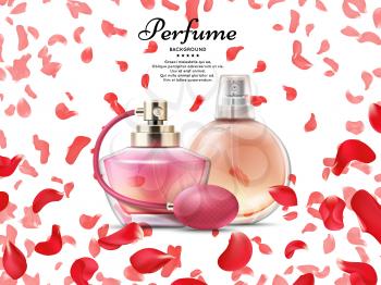 Cosmetics perfume bottles with pink petals of rose background. Bottle cosmetic fashion perfume. Vector illustration