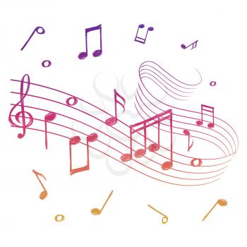 Sketch of colorful musical sound wave with music notes isolated. Vector music background illustration