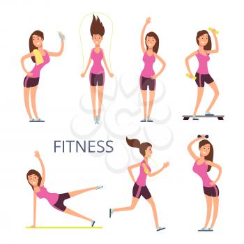 Cartoon sport young woman characters, fitness girl isolated on white background. Sport female healthy, character cartoon with sporty figure illustration