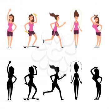 Sport woman characters. Vector female fitness silhouettes isolated on white background. Young girl exercise workout in black silhouette, sporty and active illustration