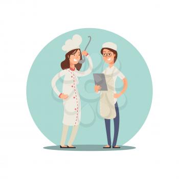 Two smiling chefs tasting food. Professional cooks cartoon character design icon isolated on white. Vector illustration
