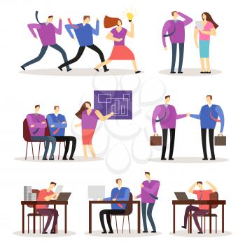 Working people vector cartoon characters. Women and men business people acting in various situation. Group woman and man in office, organization worker illustration