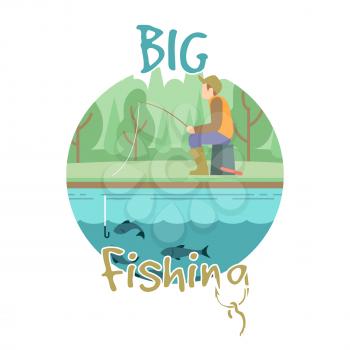 Fishing vector concept with fisher man and landscape icon isolated on white illustration