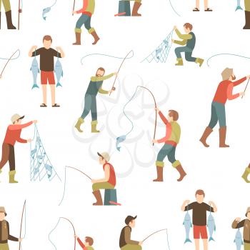 Flat fisher man seamless pattern. Fishing background with cartoon character people. Vector illustration