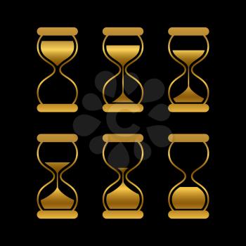 Golden sands of time, hourglass vector isolated symbols. Old sand clock animated vector icons illustration
