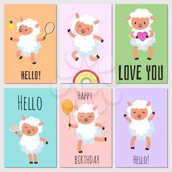 Happy birthday, love you and hello cards with cute cartoon baby sheep. Vector illustration