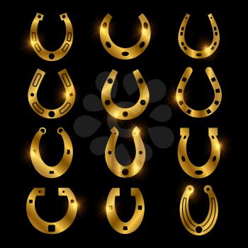 Shiny golden horseshoe vector icons, lucky symbols set isolated on black illustration