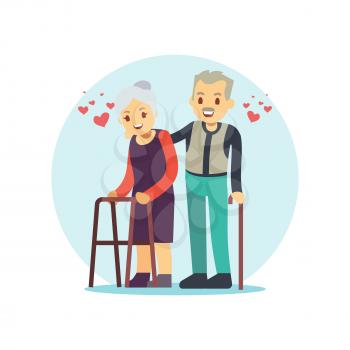 Smiling and happy old couple. Elderly family in love cartoon character isolated on white. Vector illustration