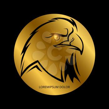 Black eagle head silhouette with shiny eyes on golden round. Vector illustration