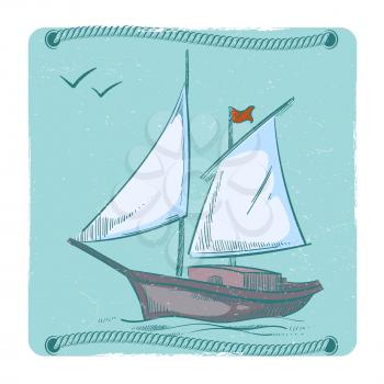 Grunge poster with hand drawn sailboat. Ship on waves emblem design. Vector illustration