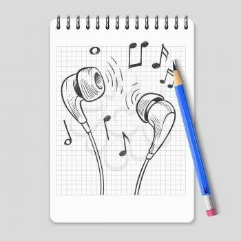 Hand drawn headphones and music notes on realistic notebook page. Music sketch stereo headphone equipment, vector illustration