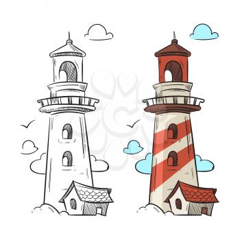 Hand drawn lighthouse vector. Marine coloring page with colorful sample illustration