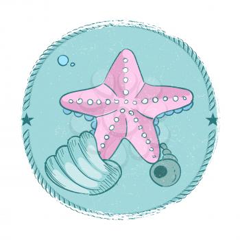 Hand drawn starfish and seashell grunge emblem isolated on white. Vector illustration