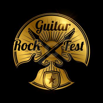 Rock fest golden icon design. Vector music festival banner with shine effect illustration