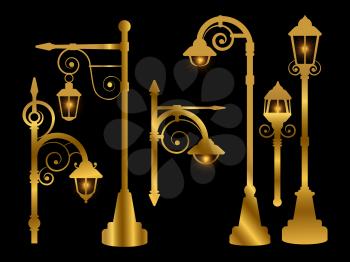 Street lamp, road lights vector golden silhouettes with shine effect illustration