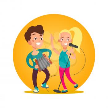 Teenagers musician group. Girl and boy making art perfomance. Vector illustration